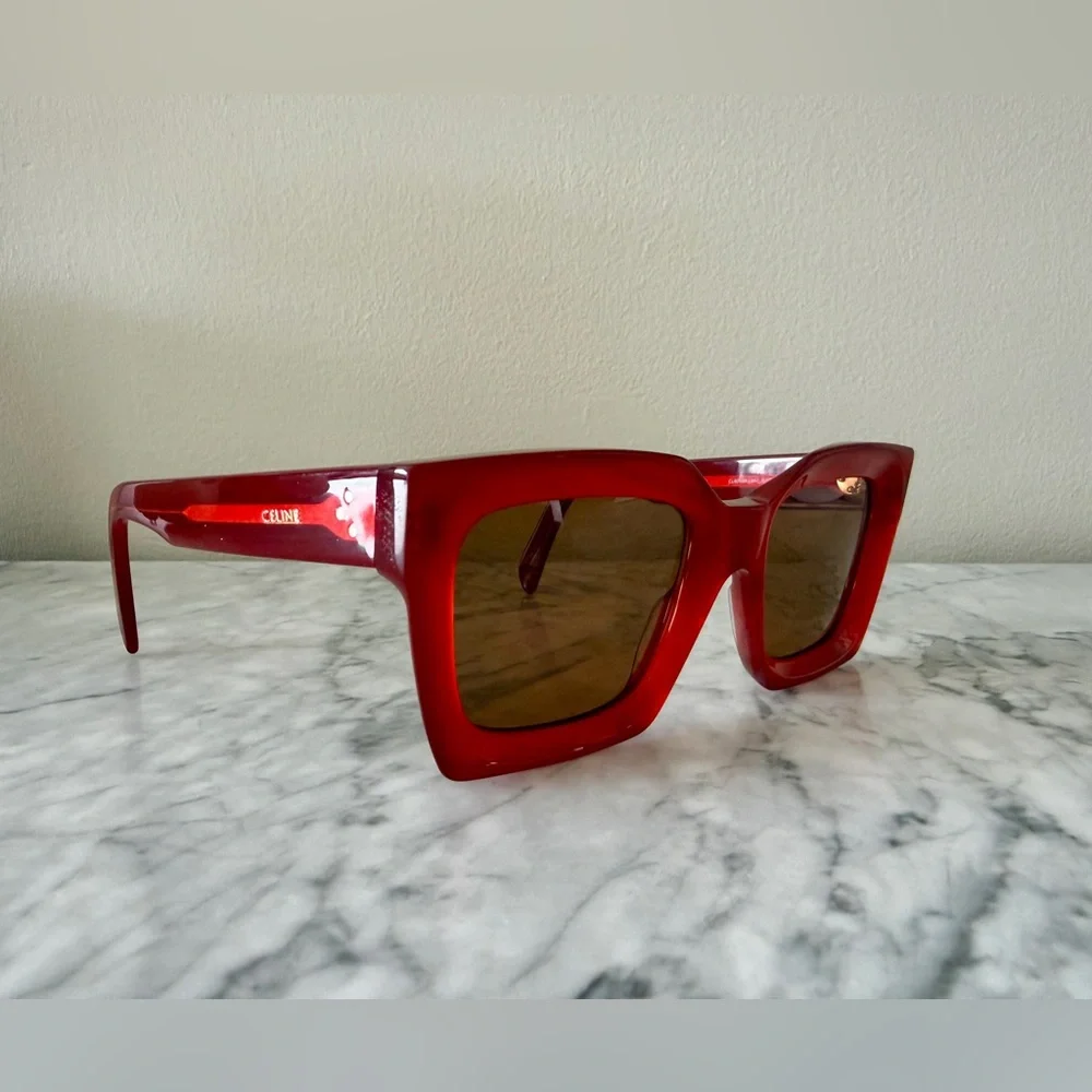 Celine Red Square Acetate Sunglasses with Brown Lenses - Picture 3 of 7
